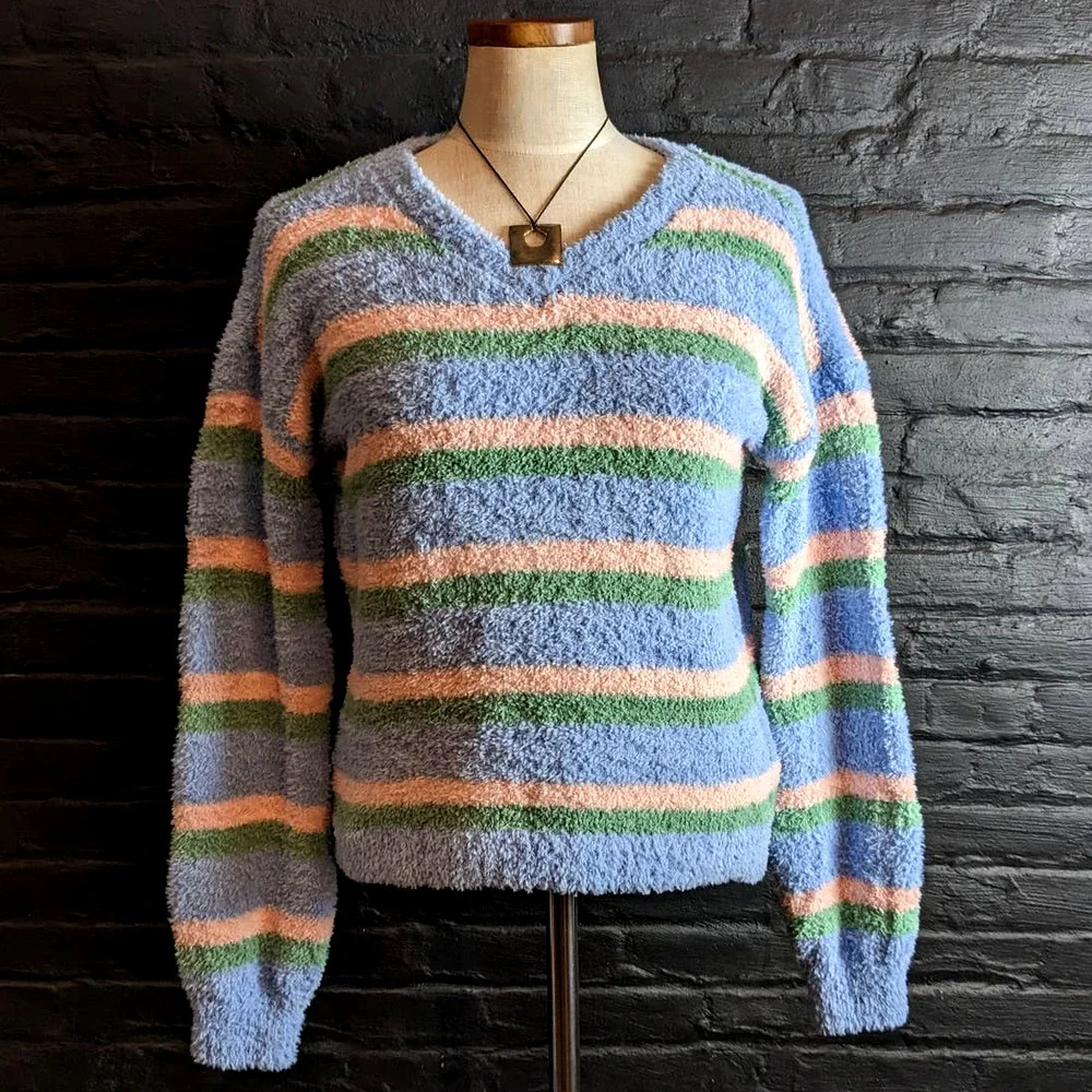 Y2K Vintage Knit Shag Furry Stripes Muted Pastel Baby Blue Grunge Sweater Top